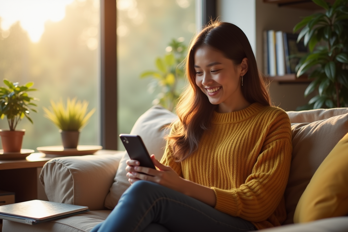 Jeune femme dans un salon lumineux utilisant son smartphone