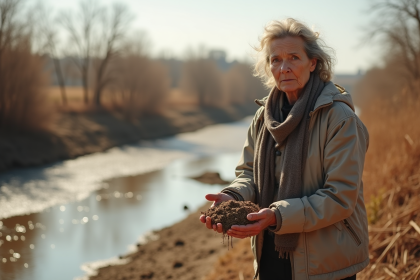 Femme pr&eacute;occup&eacute;e au bord d'une rivi&egrave;re ass&eacute;ch&eacute;e en Europe