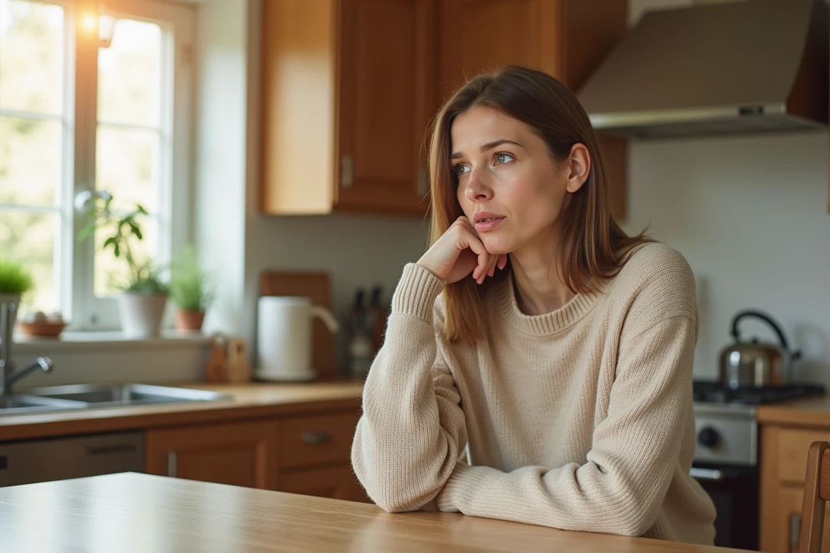 Femme pensant à son rendez-vous de cardiologie à la maison