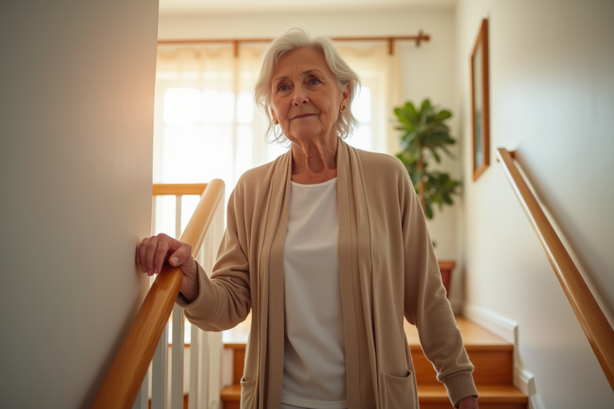 Femme senior tenant la rampe en descendant des escaliers lumineux