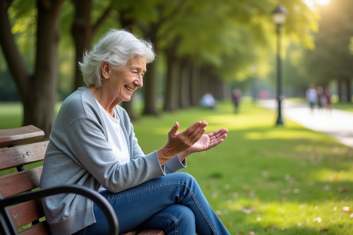 Femme senior assise dans un parc ensoleille