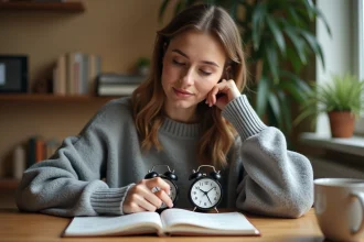 Femme consultant deux réveils pour préparer un décalage horaire et ajuster son temps de sommeil