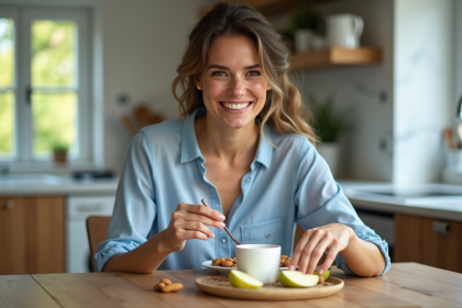Femme souriante dégustant une collation saine à la maison