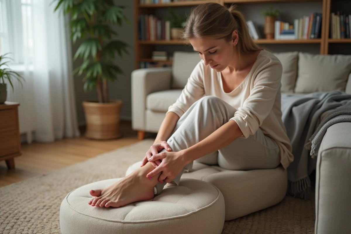 Femme examinant son pied avec peau sèche dans un salon cosy