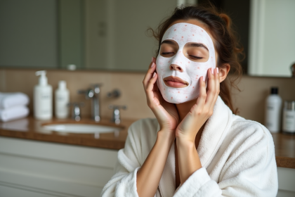 Femme appliquant un masque facial dans sa salle de bain