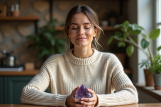 Femme en sweater cr&egrave;me tenant une pierre polie dans ses mains