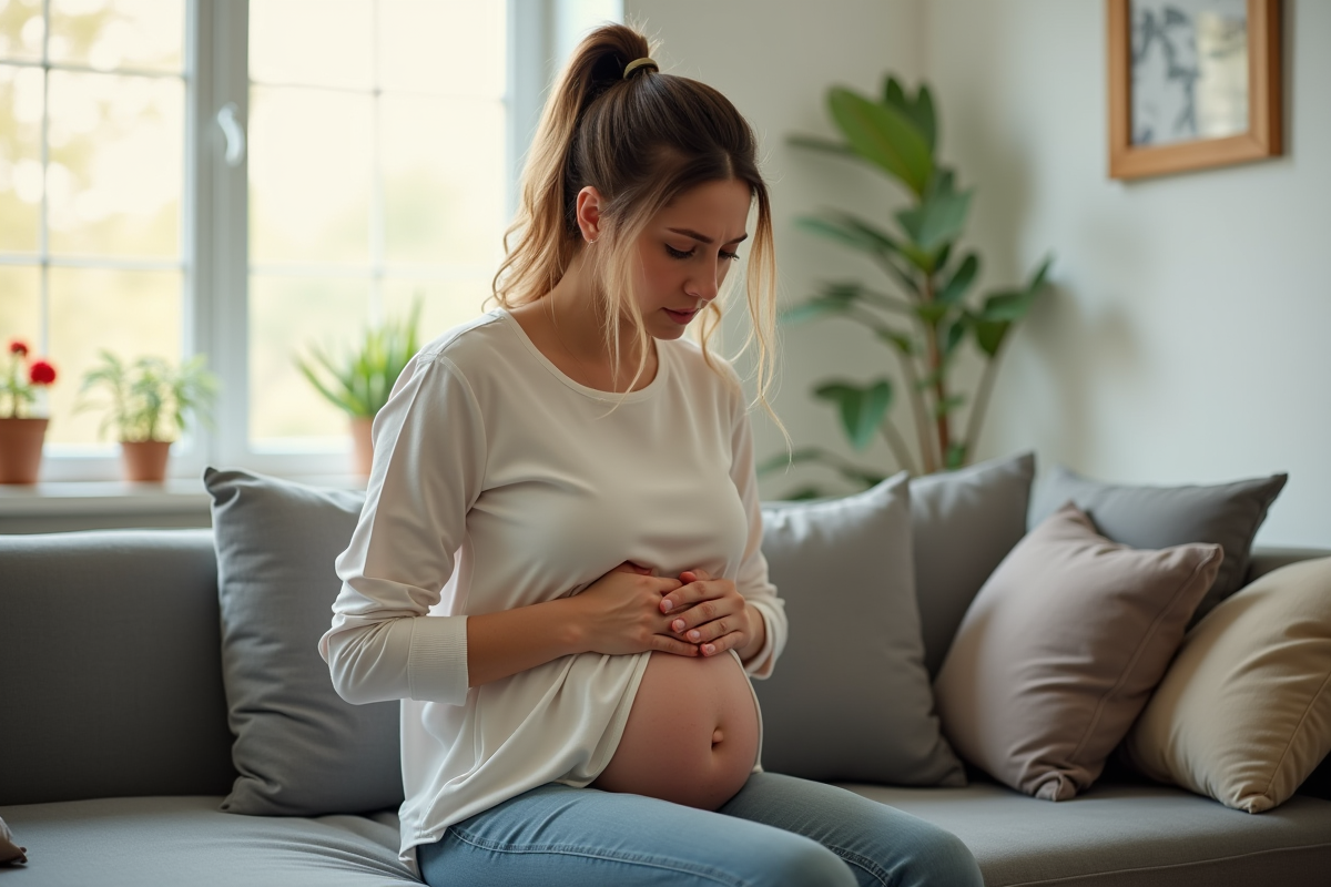 Femme assise sur un canapé dans un salon lumineux tenant son abdomen