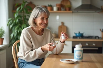 Femme souriante ouvrant un complément dans la cuisine