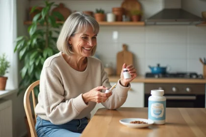Femme souriante ouvrant un compl&eacute;ment dans la cuisine