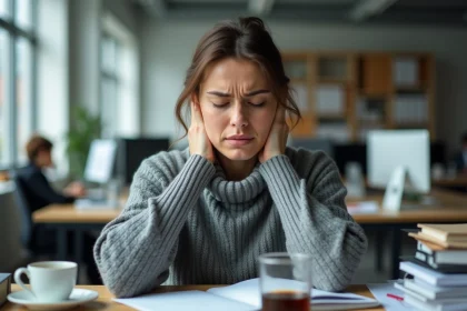 Femme stressée au bureau se massant la nuque avec les épaules contractées