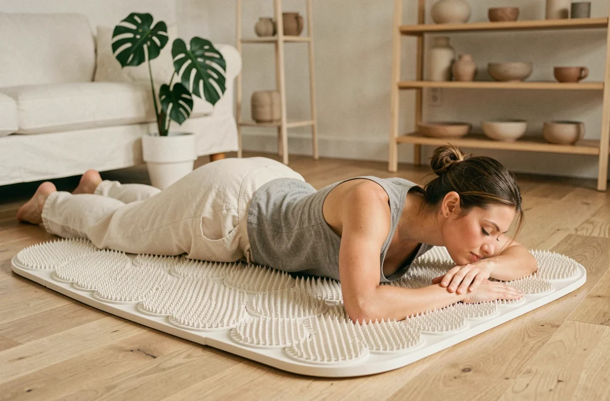 Femme allongée sur un tapis de fleurs de lotus pour soulager le stress à la maison