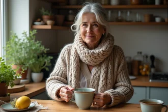 Femme préparant une tisane dans une cuisine chaleureuse