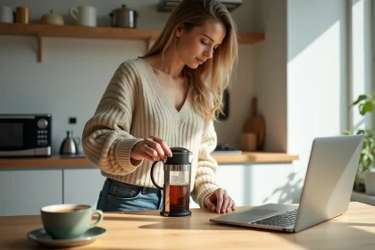 Femme en cuisine versant du th&eacute; en vrac dans une tasse