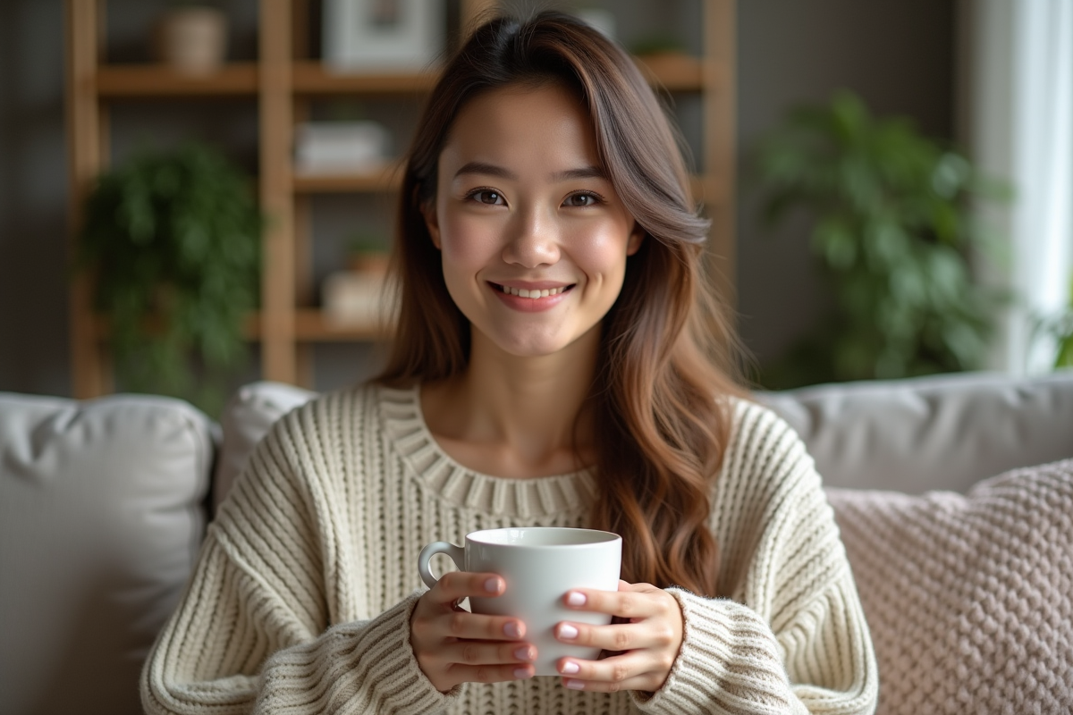 Femme souriante tenant une tasse de tisane dans un salon cosy