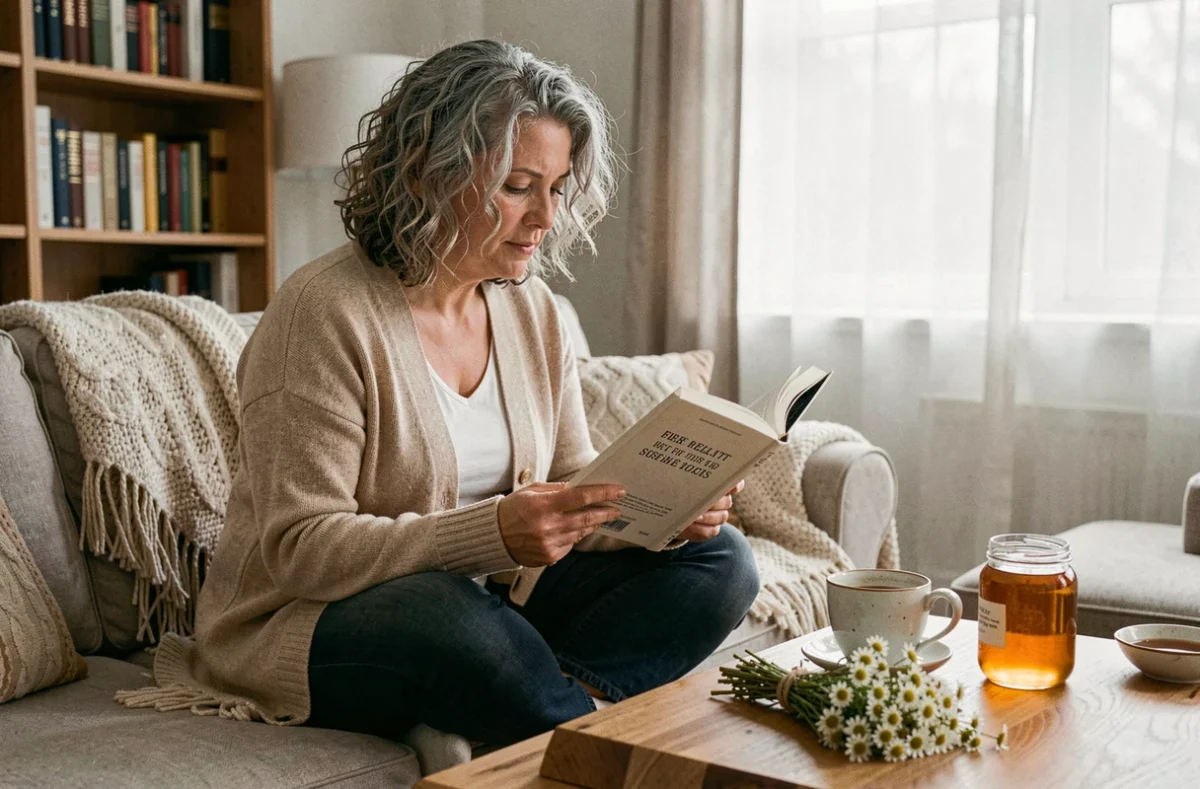 Femme mature lisant sur les remèdes naturels contre le reflux gastrique avec une tisane de camomille
