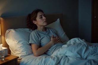Femme assise dans son lit la nuit avec une quinte de toux après un rhume, tenant sa poitrine avec expression fatiguée