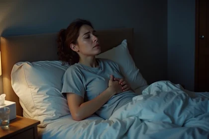 Femme assise dans son lit la nuit avec une quinte de toux après un rhume, tenant sa poitrine avec expression fatiguée