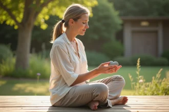 Femme méditative tenant une pierre en forme de cœur dans un jardin