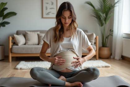 Femme assise en yoga enveloppant un bandage postpartum