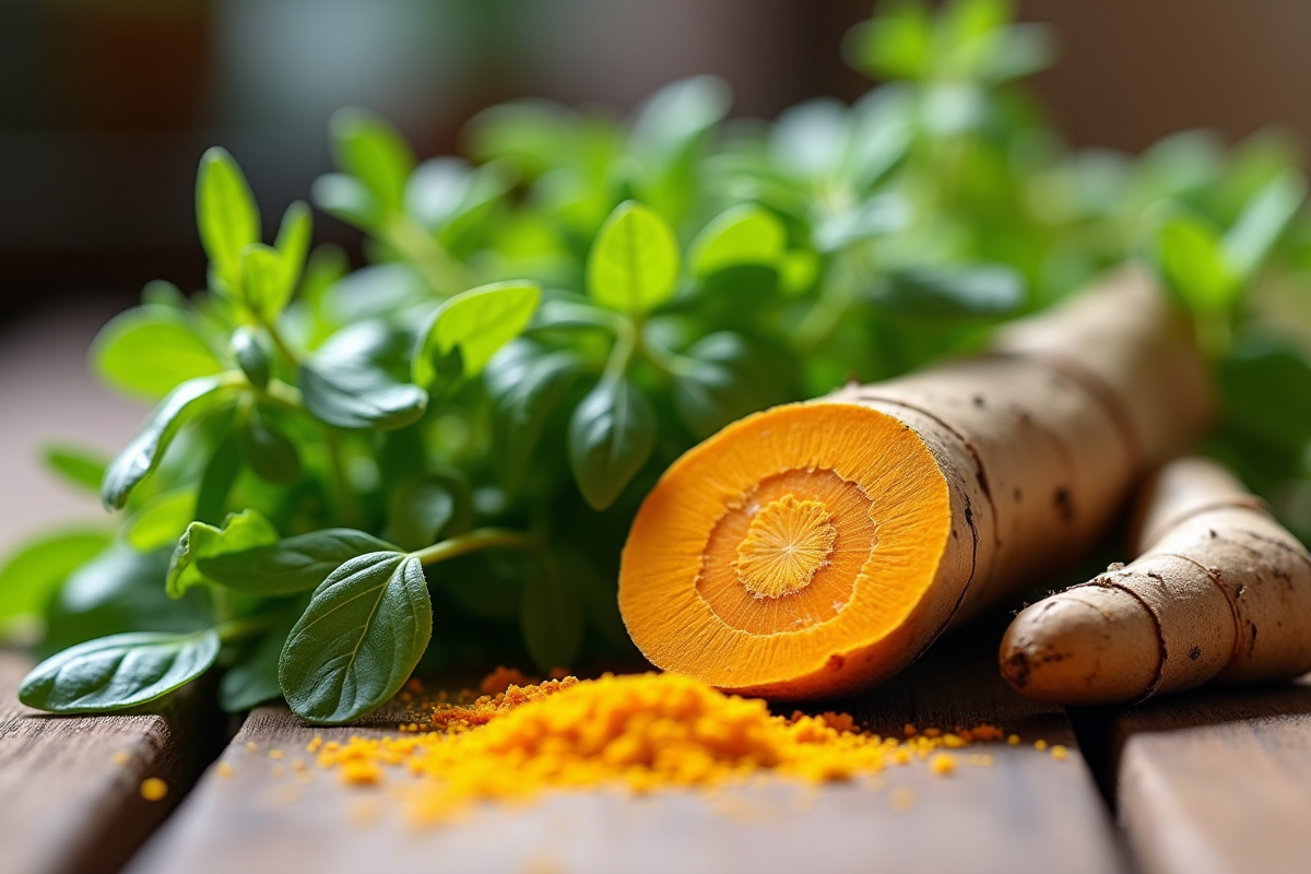 Gros plan sur origan frais et racine de curcuma tranchée