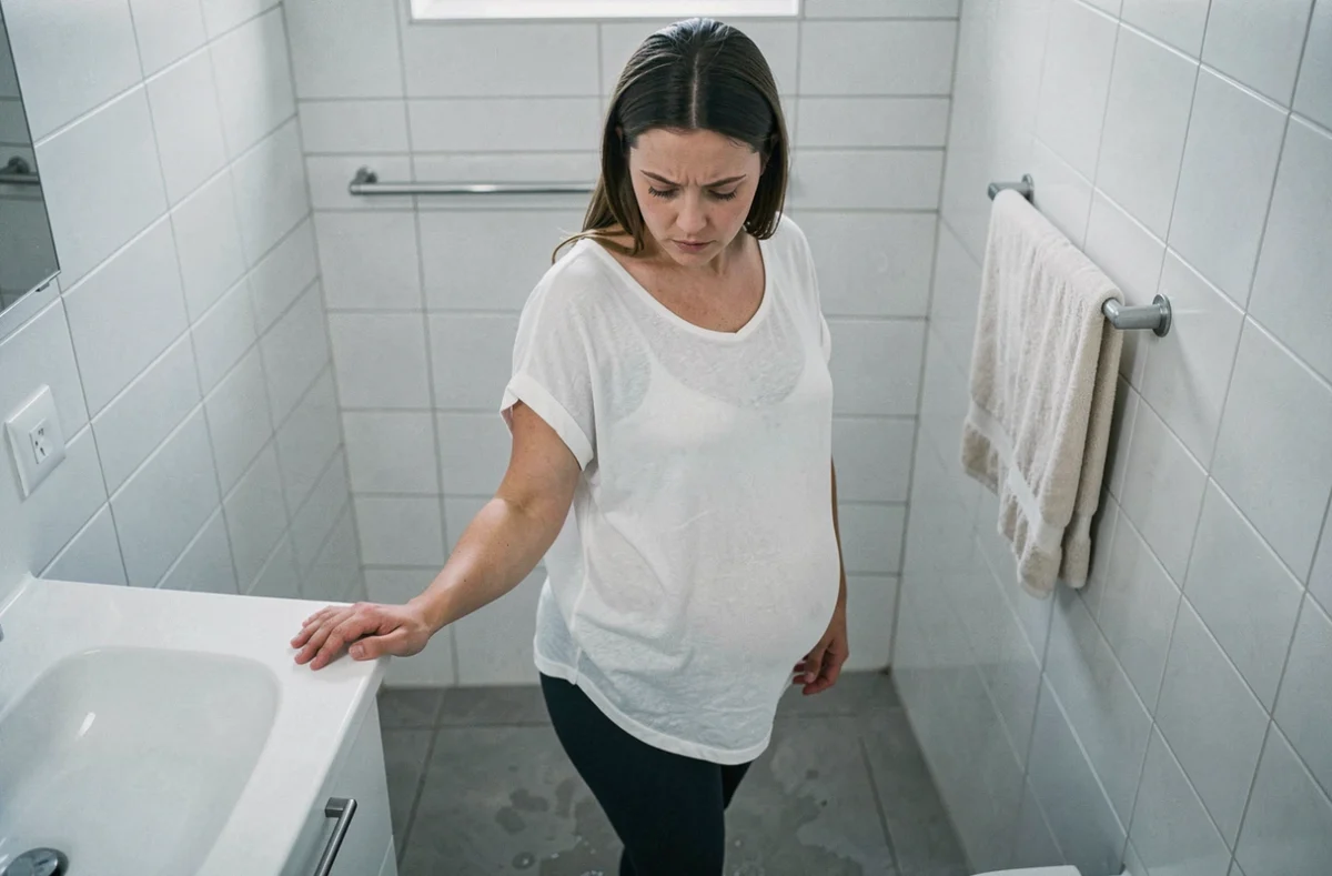 Femme enceinte debout dans la salle de bain avec une expression inquiète, signe de fissure de la poche des eaux