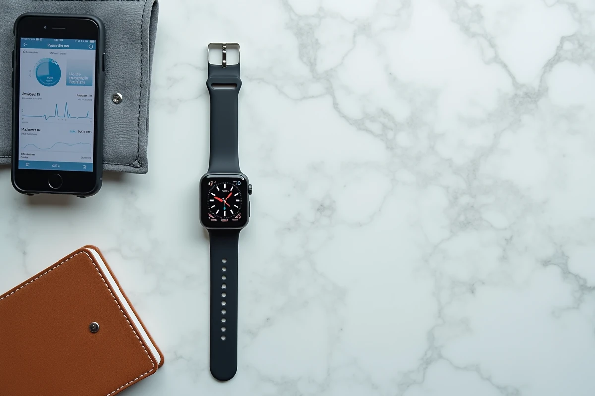 Vue à plat d'une montre connectée tensiomètre, d'un brassard et d'un carnet de suivi santé sur marbre blanc