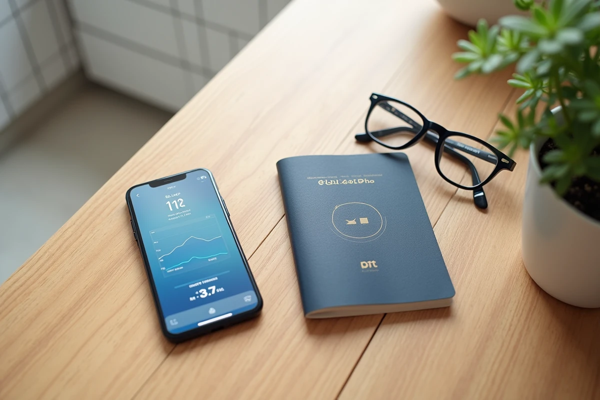Mise à plat avec smartphone affichant un simulateur de sommeil, passeport et accessoires de voyage pour gérer le décalage horaire