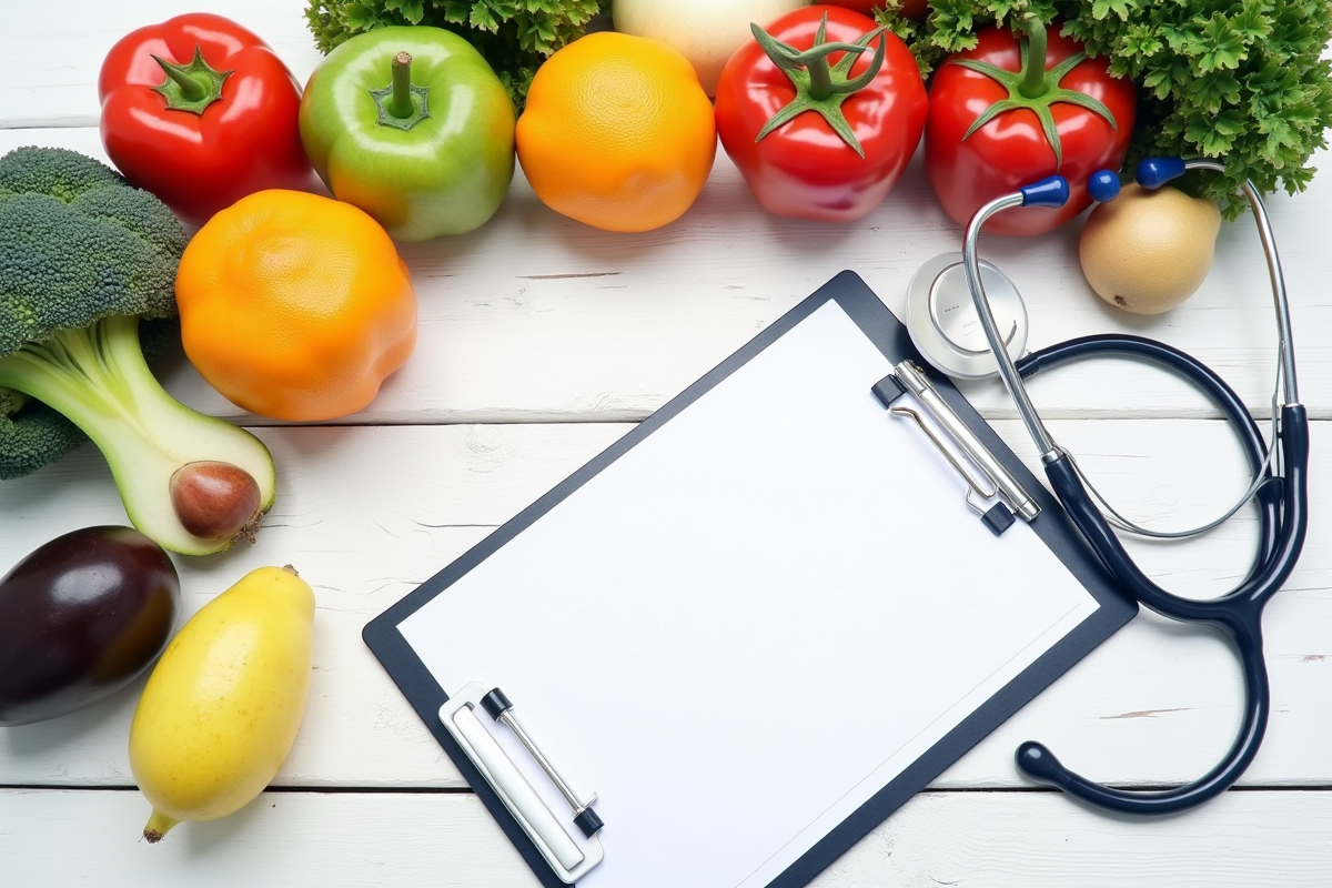 Fruits légumes stethoscope et bilan alimentaire sur table blanche
