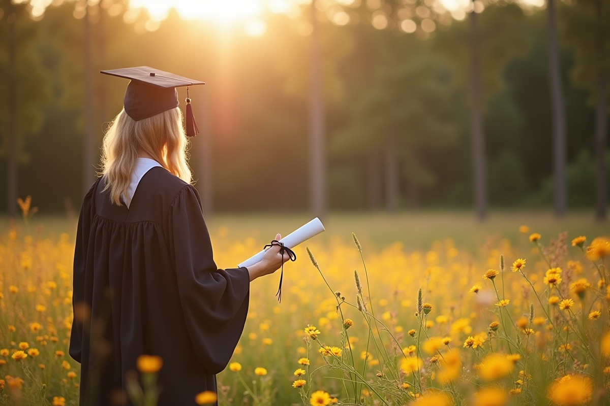 Diplômé en nature avec forêt et fleurs au coucher de soleil