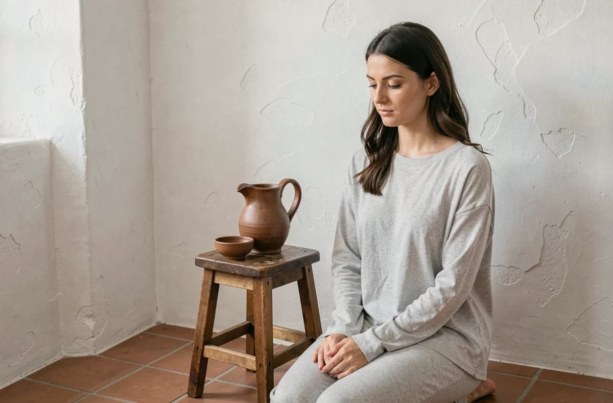 Femme en tenue modeste assise près d'une cruche et d'un bol en céramique pour la pratique des grandes ablutions islamiques