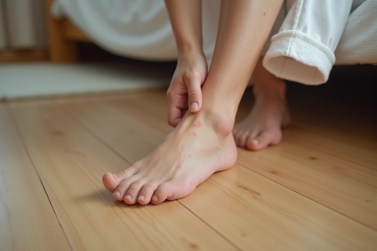 Gros plan sur le côté extérieur d'un pied douloureux examiné à la main sur un parquet en bois à la maison