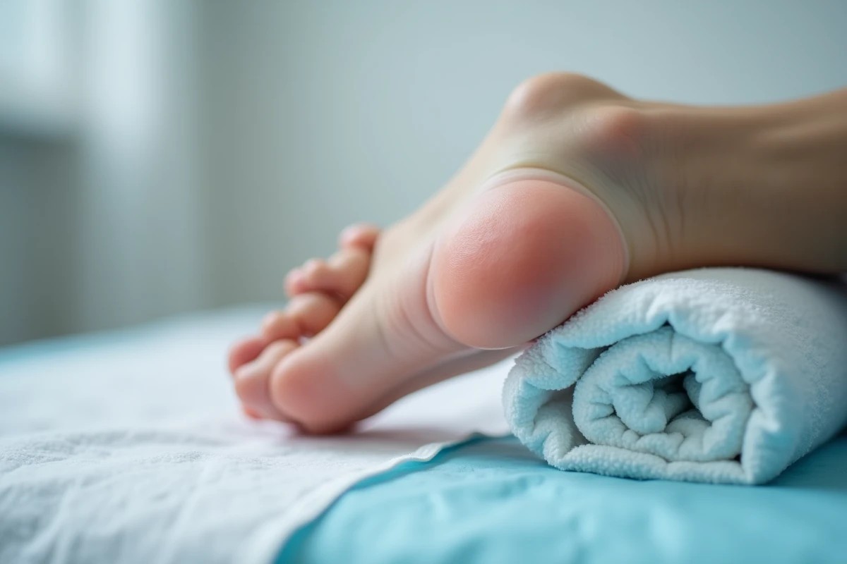 Gros plan sur le talon d'un pied humain posé sur une table d'examen médical, montrant les zones de tension plantaire typiques de l'épine calcanéenne aggravée par le surpoids