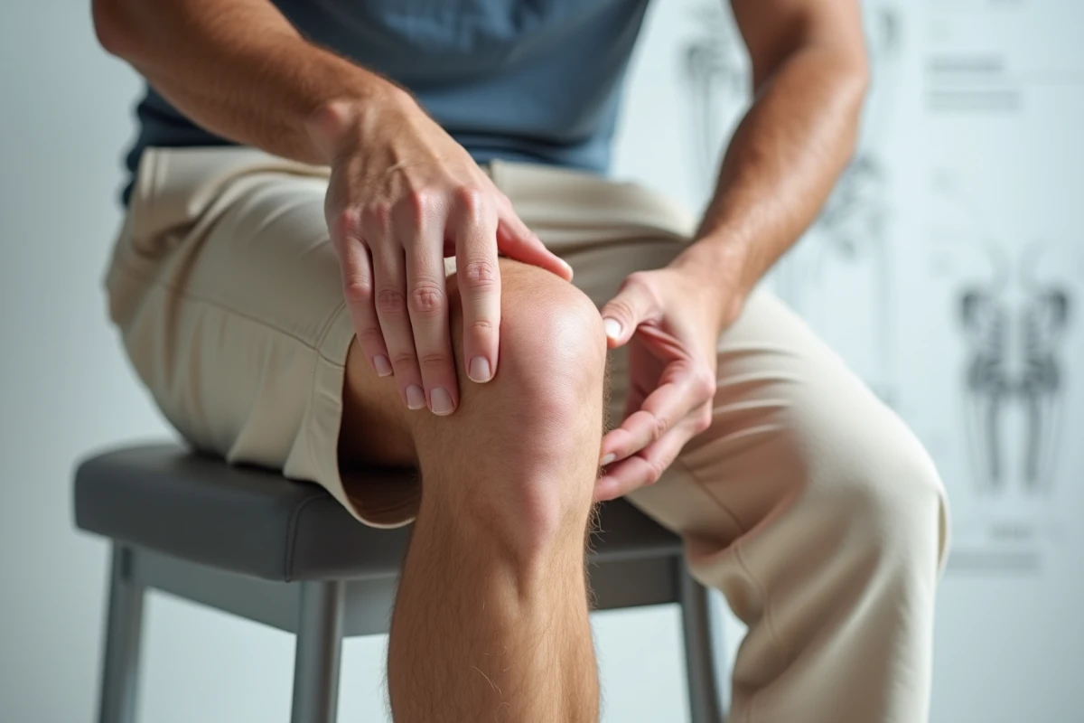 Gros plan sur la zone douloureuse du genou interne montrant la r&eacute;gion de la patte d'oie et du m&eacute;nisque interne pour un article de diff&eacute;renciation diagnostique