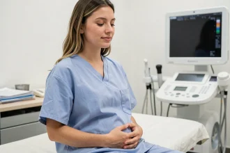 Femme enceinte en début de grossesse à 5 semaines d'aménorrhée assise dans une salle de consultation médicale, les mains posées sur le ventre