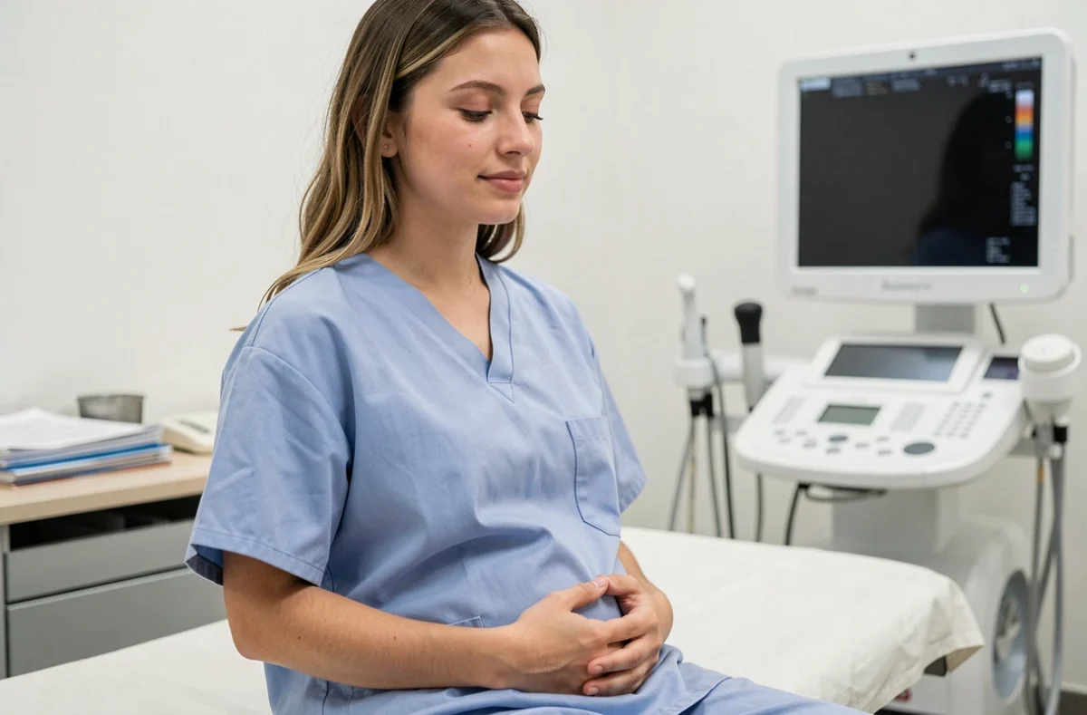 Femme enceinte en début de grossesse à 5 semaines d'aménorrhée assise dans une salle de consultation médicale, les mains posées sur le ventre