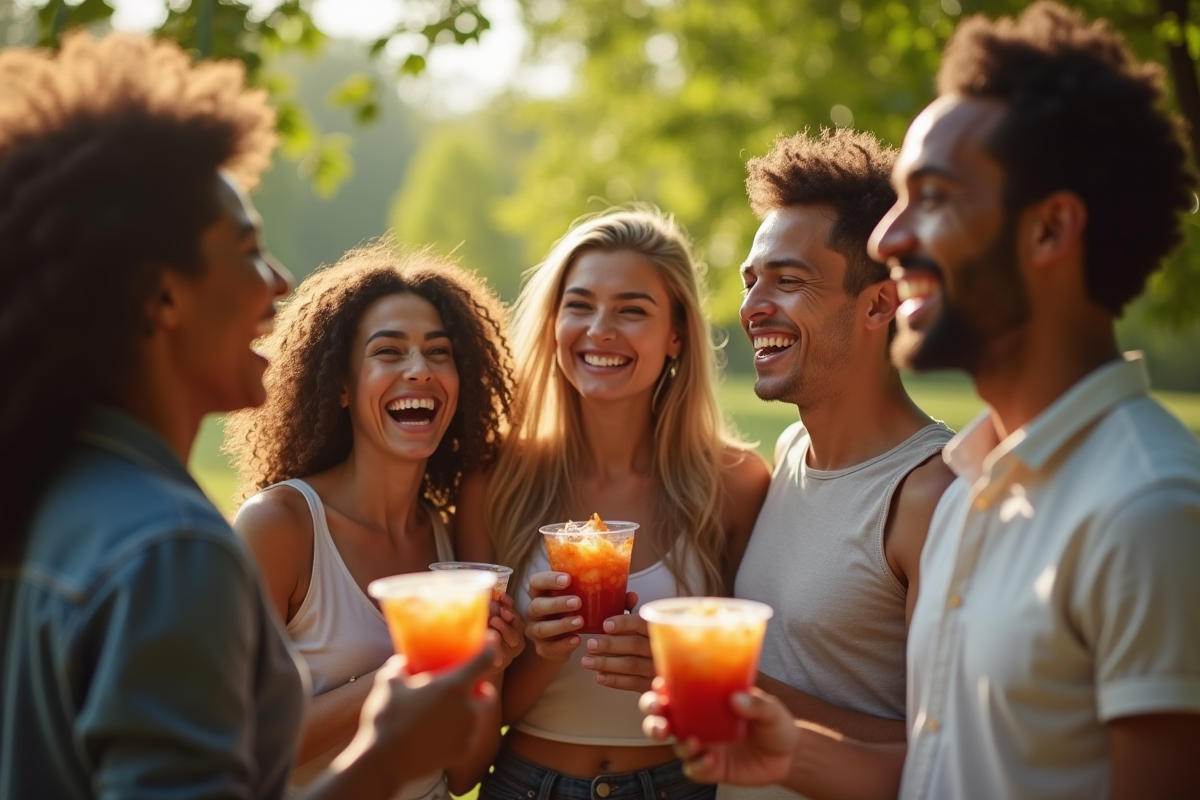 Groupe d amis riant avec des aliments fermentes en plein air