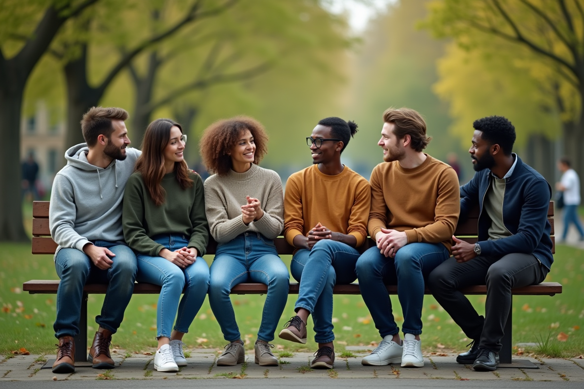 Groupe de jeunes adultes discutant dans un parc en plein air