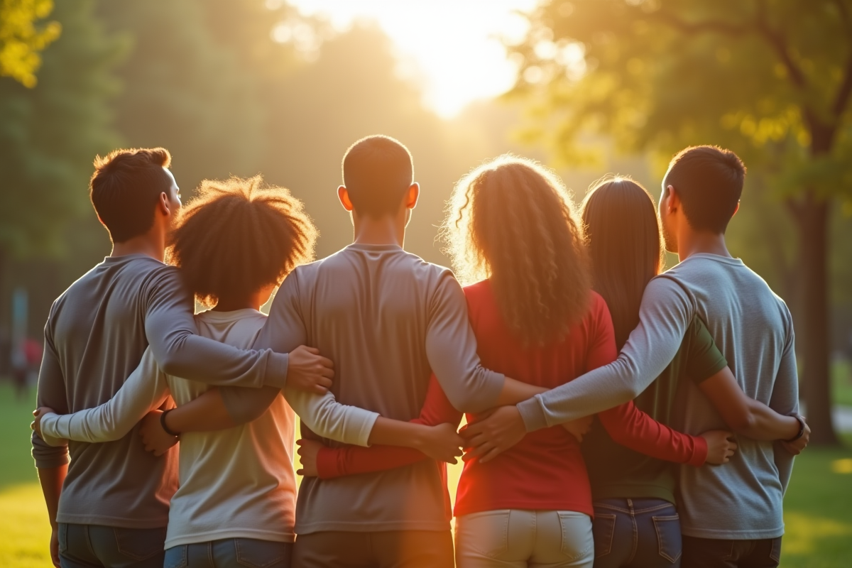 Groupe de personnes diverses dans un parc en matinée ensoleillée