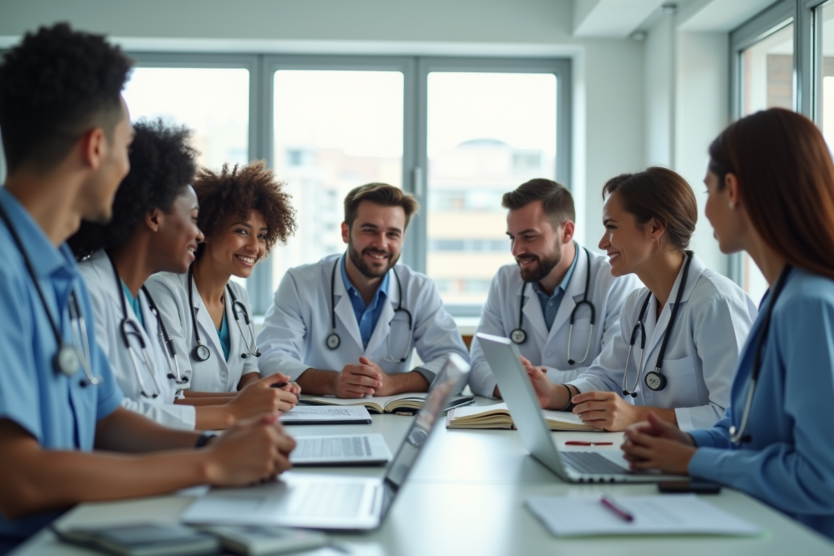 Groupe d'étudiants en médecine en discussion dans une salle lumineuse