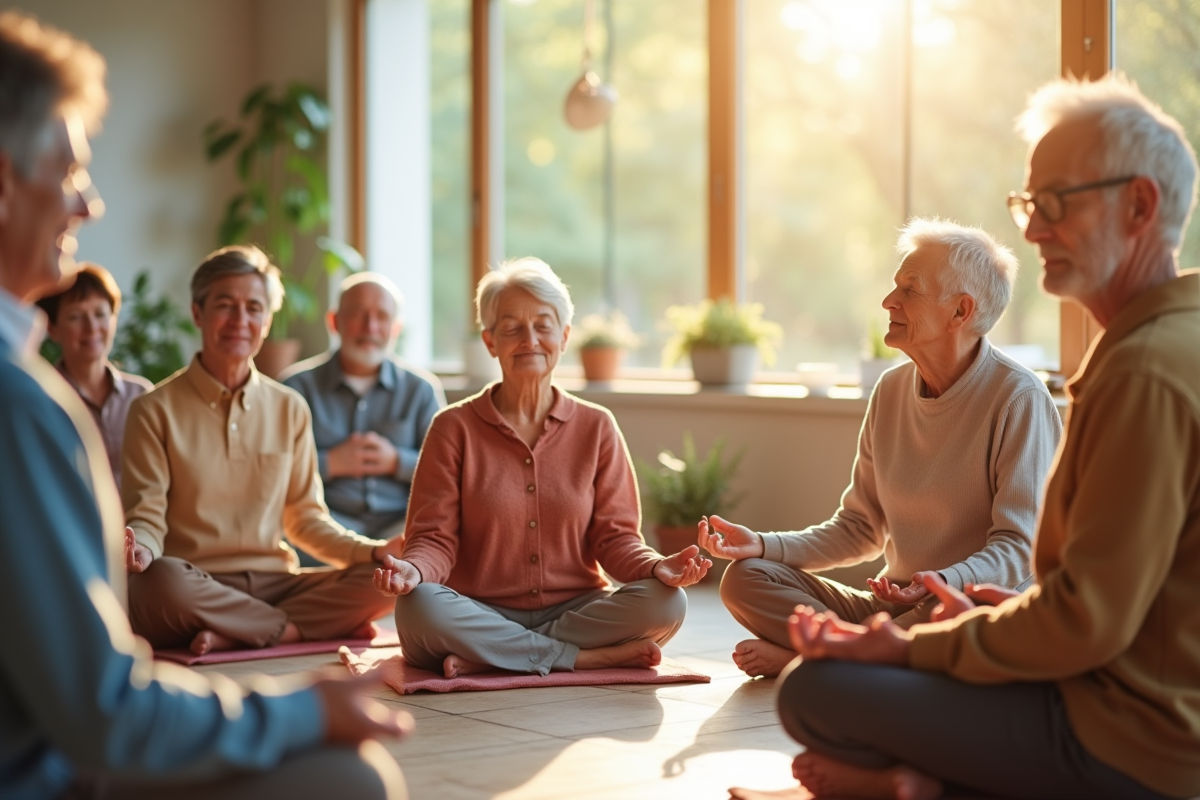 Groupe de seniors méditant dans une salle lumineuse