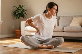 Femme en rémission de névralgie pudendale pratiquant des exercices de relaxation sur un tapis de yoga à domicile