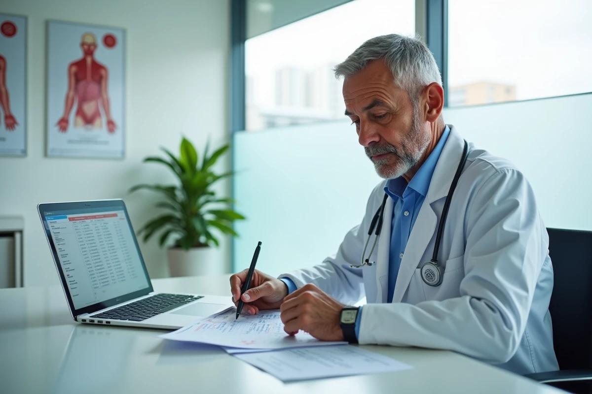 Hématologue analysant les résultats d'une numération formule sanguine avec un TCMH élevé dans son cabinet médical