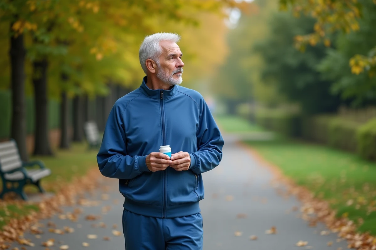 Homme actif en promenade dans un parc avec complément