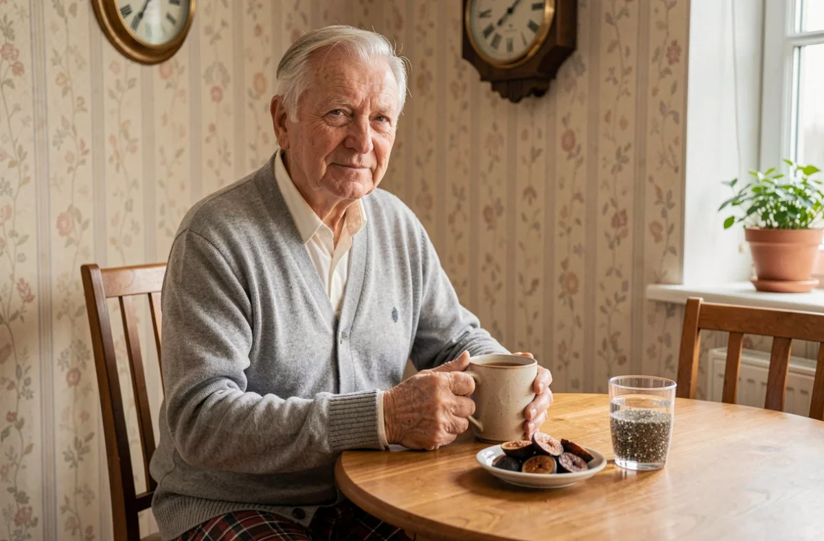 Homme âgé prenant un remède naturel contre la constipation avec tisane, figues séchées et graines de chia à la maison