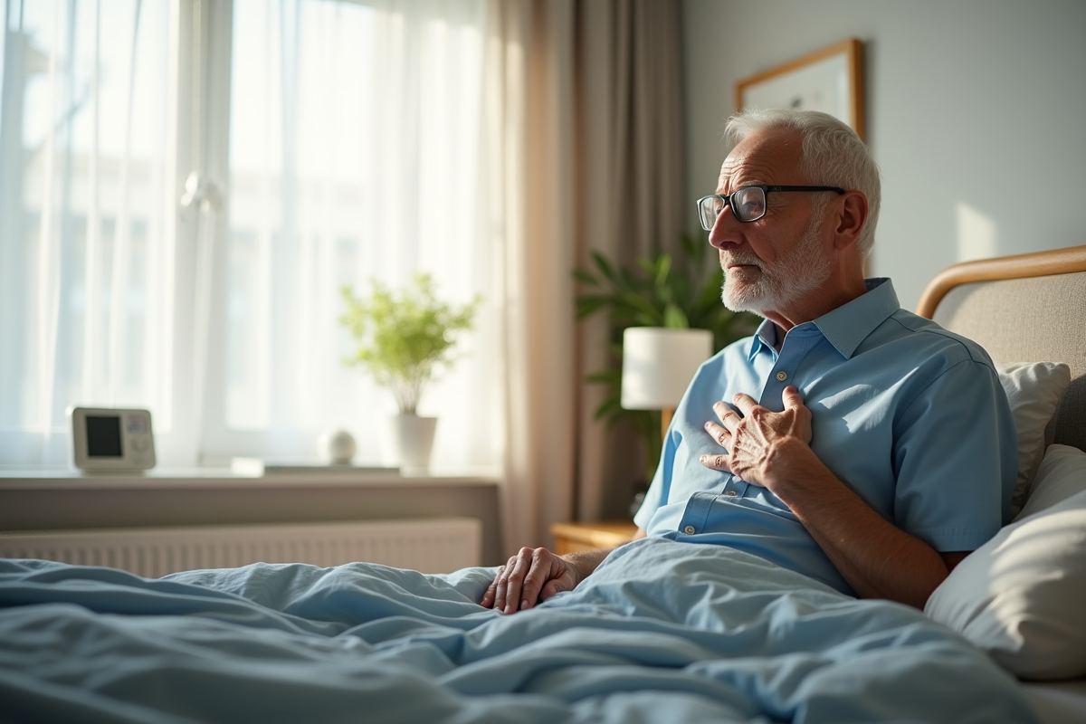 Homme age assis sur son lit en pensant avec moniteur pression