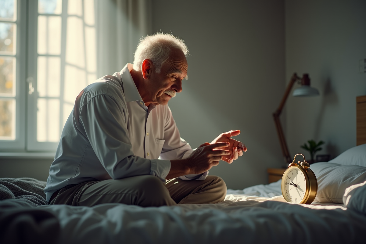 Homme agee assis sur son lit regardant une horloge