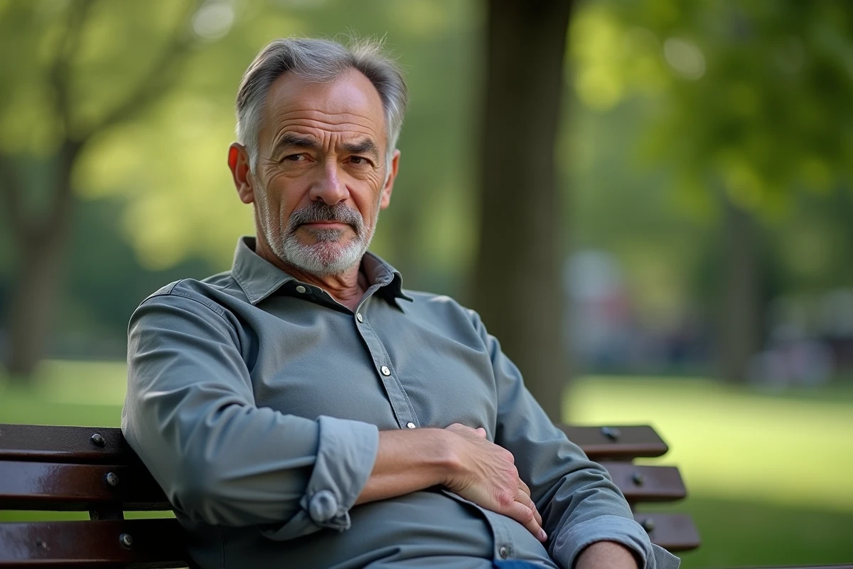 Homme assis sur un banc de parc se touchant l