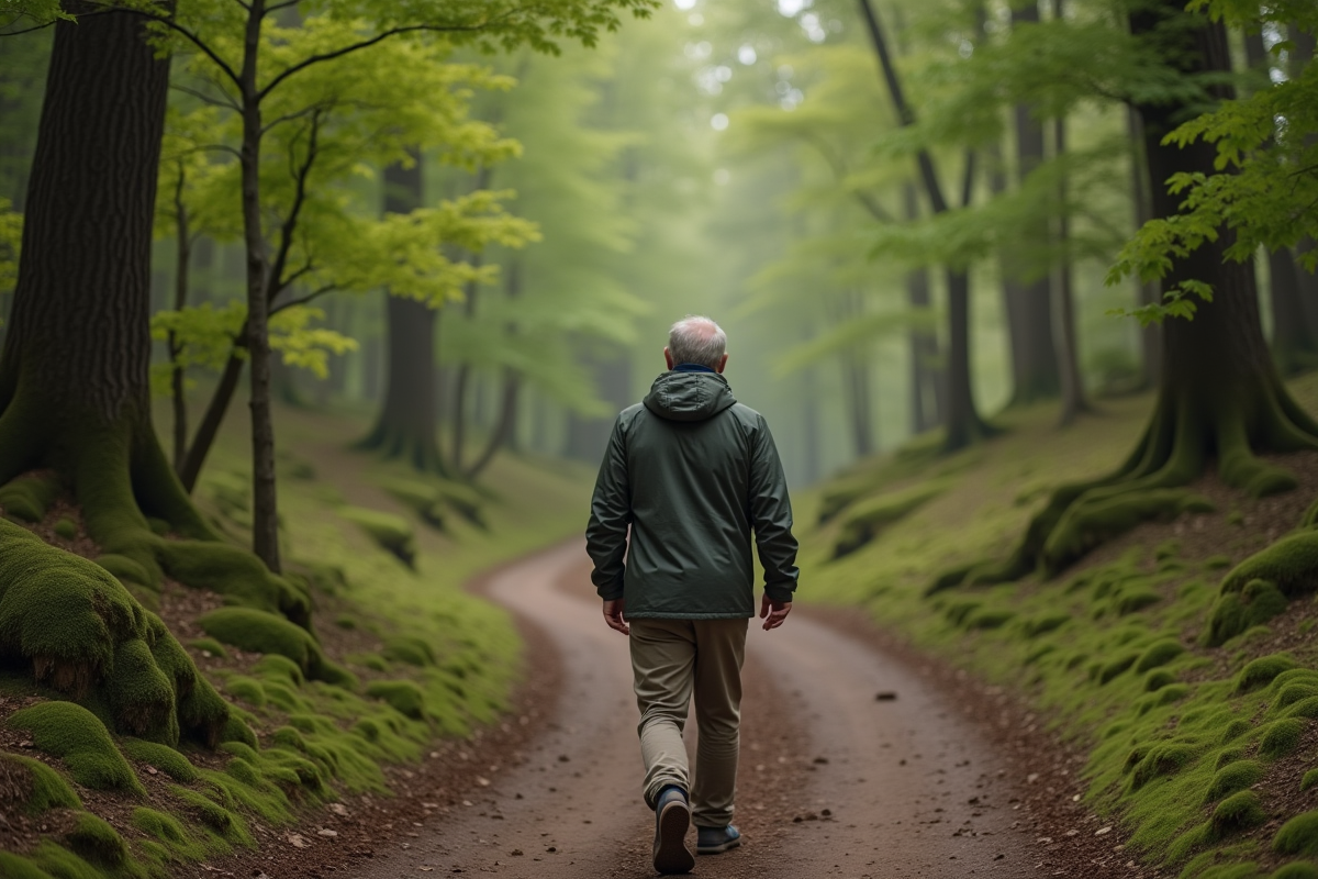 Homme en marche dans la forêt lors d
