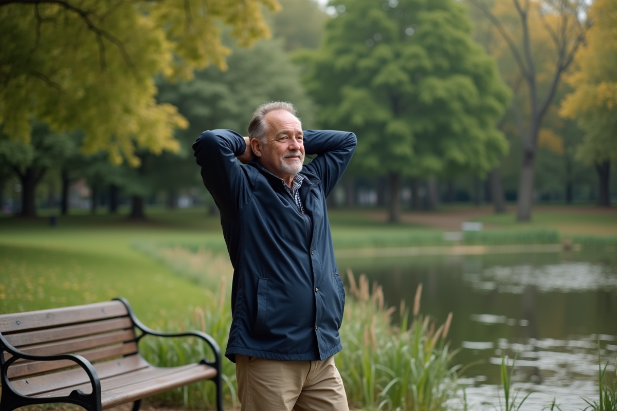 Homme marche tranquillement dans un parc urbain verdoyant