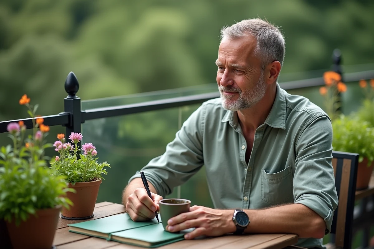 Homme &eacute;crivant dans un journal sur un balcon fleuri